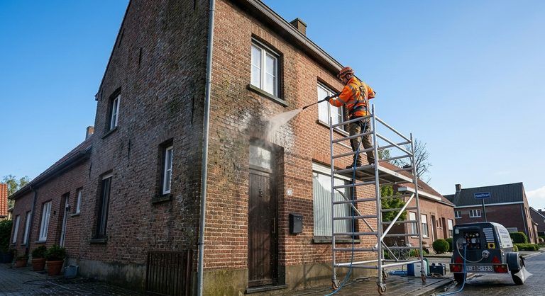 Gevel van een woning wordt gereinigd vanop een stelling